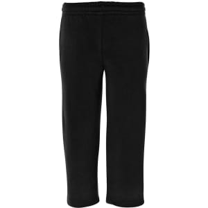 Black track pants with an elastic waistband and pockets, featuring branding on the design.