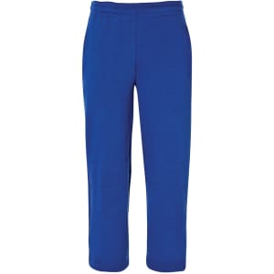 Blue track pants with an elastic waistband and stitched detailing, featuring a logo.