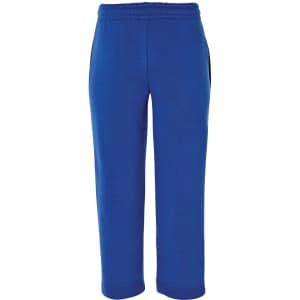 Blue track pants featuring an elastic waistband and side pockets. The garment is presented without visible logos.