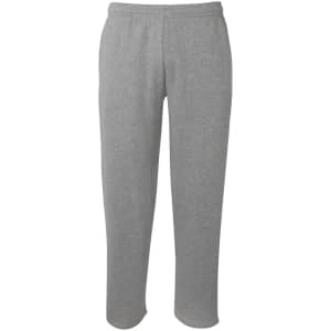 A pair of grey track pants with an elastic waistband, featuring a simple design and no pockets.