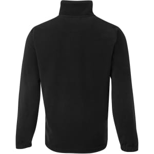 A black polar fleece jumper with a high neck and long sleeves, featuring a branding logo.