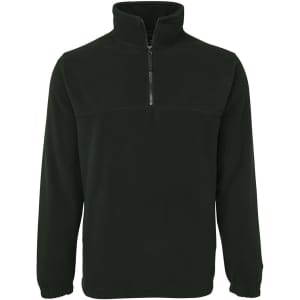 A dark green polar fleece jumper with a half zip and a raised collar, featuring a logo on the chest.