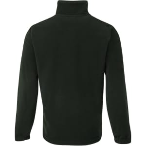 A dark green polar fleece jumper featuring a half zip and a high collar. It has a plain design with no visible logos.