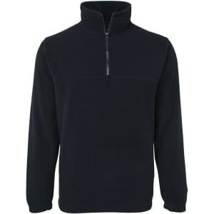 A black polar fleece jumper with a half zip and long sleeves, featuring a simple design and a logo.
