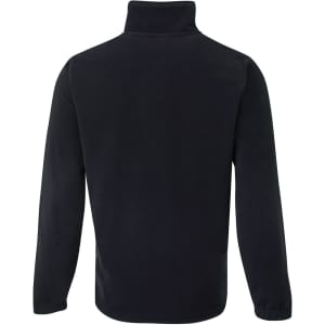 A black polar fleece jumper featuring a half zip and a high collar. Includes a logo on the garment.