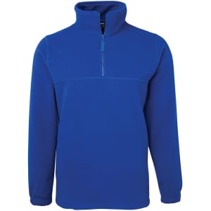 A blue polar fleece jumper with a half zip and long sleeves, featuring a logo on the chest area.
