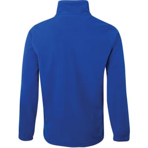 A blue polar fleece jumper with long sleeves and a half zip at the neck. It features a logo on the fabric.