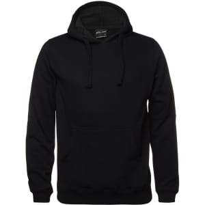 A black hoodie featuring a front pocket and a drawstring hood, with a logo on the label.