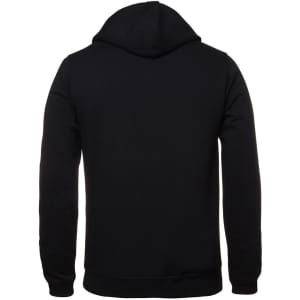 A black hoodie featuring a hood and a plain back design. It includes a branding logo.