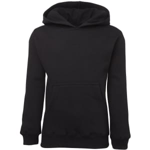A black hoodie featuring a front pocket and a large hood, with a logo on the garment.