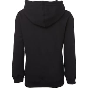 A black hoodie with a hood and long sleeves, featuring a brand logo on the back.