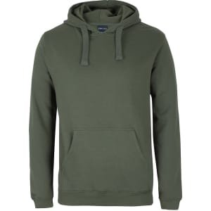 A green hoodie featuring a front pocket and a drawstring hood, with a branding logo.