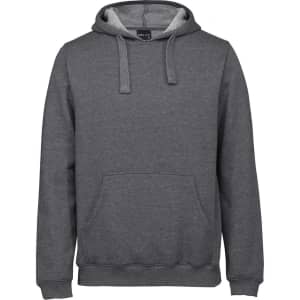A grey hoodie featuring a drawstring hood and a front pocket. It has a brand logo on the interior.