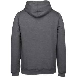 A grey hoodie with a rear view showcasing its hood and fabric texture. It features a logo on the back.