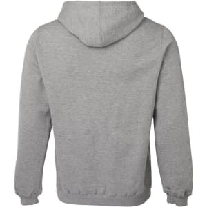 A grey hoodie featuring a hood and long sleeves, with a branding logo on the back.