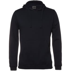 A black hoodie featuring a front pocket and a drawstring hood. The garment has a logo at the neckline.