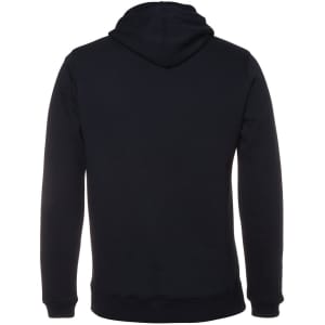 A black hoodie featuring a kangaroo pocket and a hood, with a logo on the back.