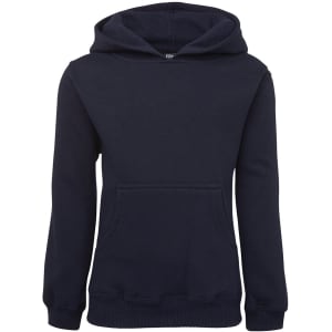A navy hoodie featuring a front pocket and a drawstring hood, with branding present.