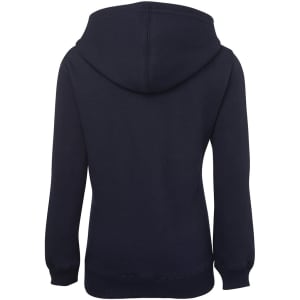 A navy hoodie featuring a hood and long sleeves, showcasing a simple, minimalist design.