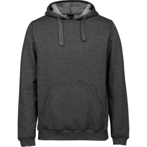 A grey hoodie with a front pocket and drawstring hood. It has a branded logo on the front.