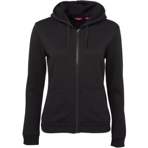 A black ladies' full zip hoodie featuring a hood and front pockets, with a logo on the garment.