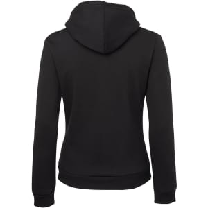 A black full zip hoodie featuring a hood and a fitted design, with a brand logo on the back.