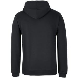 A black hoodie with a hood and long sleeves, featuring a branding logo. The back is smooth and simple in design.