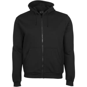 A black zip-up hoodie featuring a front pouch pocket and a hood. It has a branding logo.