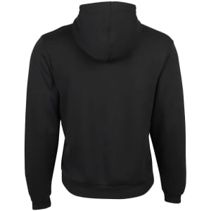 A black hoodie featuring a drawstring hood and a kangaroo pocket at the front. It has a plain back and ribbed cuffs.