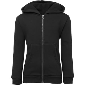 A black zip-up hoodie featuring a hood and front pockets, with a branding logo on the design.