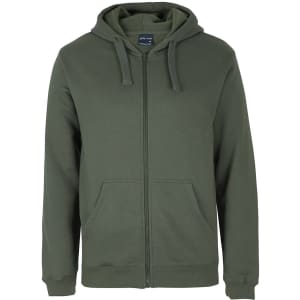 A green hoodie with a front zipper, drawstring hood, and side pockets, featuring a branding logo.