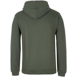 A green hoodie with a spacious hood and long sleeves, featuring a simple design and no visible front detailing.