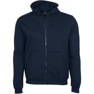 A dark navy hoodie with a zip front, featuring a hood and two front pockets. It has a logo on the interior tag.
