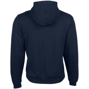 A dark navy hoodie with a hood and long sleeves, featuring a logo on the back.