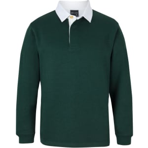 A green long-sleeve polo shirt with a white collar and a logo on the chest.