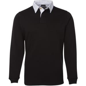 A black long-sleeve polo shirt with a white collar and a logo on the chest.