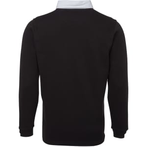 A black long-sleeved polo shirt with a light-coloured collar and a logo on the back.