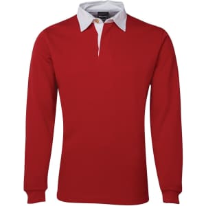 A red rugby polo shirt with a white collar and long sleeves, featuring a logo on the chest.
