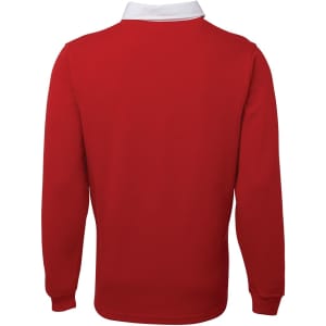 A red polo shirt with a white collar, featuring a logo on the front. The shirt has long sleeves and a classic fit.