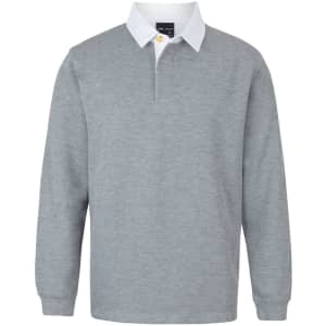 A grey polo shirt with a contrasting white collar and long sleeves, featuring a logo on the chest.
