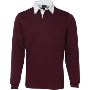 A maroon long-sleeve polo shirt with a white collar and a logo on the chest.