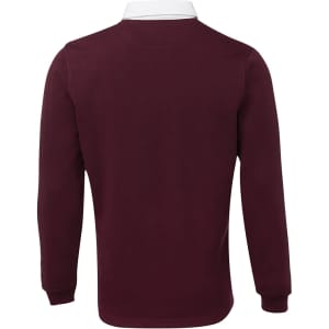 A maroon polo shirt with long sleeves and a white collar. Features a branding logo.