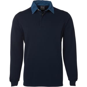 A navy polo shirt with a denim collar and long sleeves, featuring a logo on the chest.