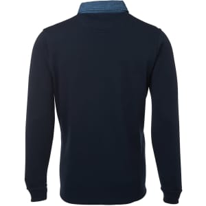 A dark navy polo shirt featuring a contrasting denim collar and long sleeves. It has a logo on the chest.