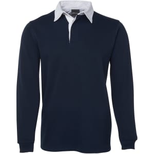 A navy polo shirt with a white collar and long sleeves, featuring a logo on the chest.