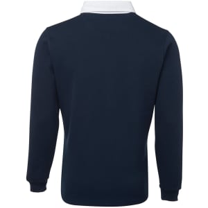 A navy polo shirt with a white collar, featuring long sleeves and a subtle logo.