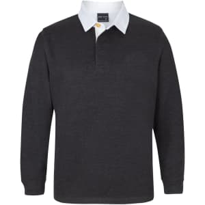 A dark grey polo shirt with a white collar and a logo on the chest. Long sleeves and a classic design.