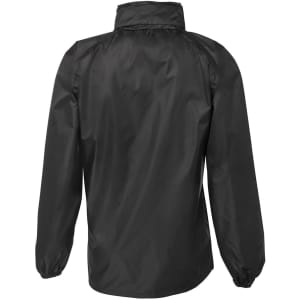 A black rain jacket with a back view, featuring elasticated cuffs and a high collar. Includes a logo.