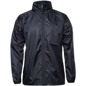 A black rain jacket with a zip front and a stand-up collar, featuring a logo.