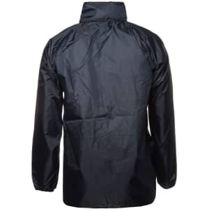 A black rain jacket with a high collar and long sleeves, featuring a logo on the back.